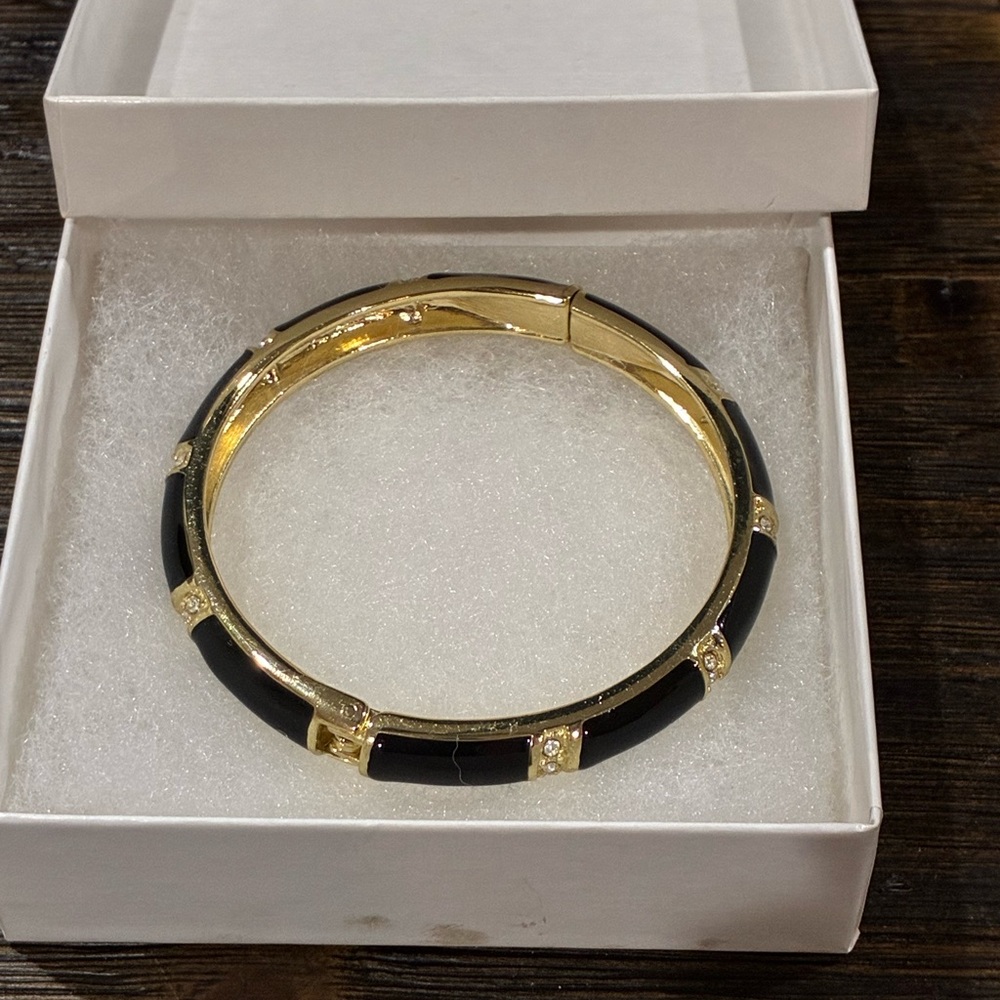 Gold and Black Enamel Hinged Bangle Bracelet